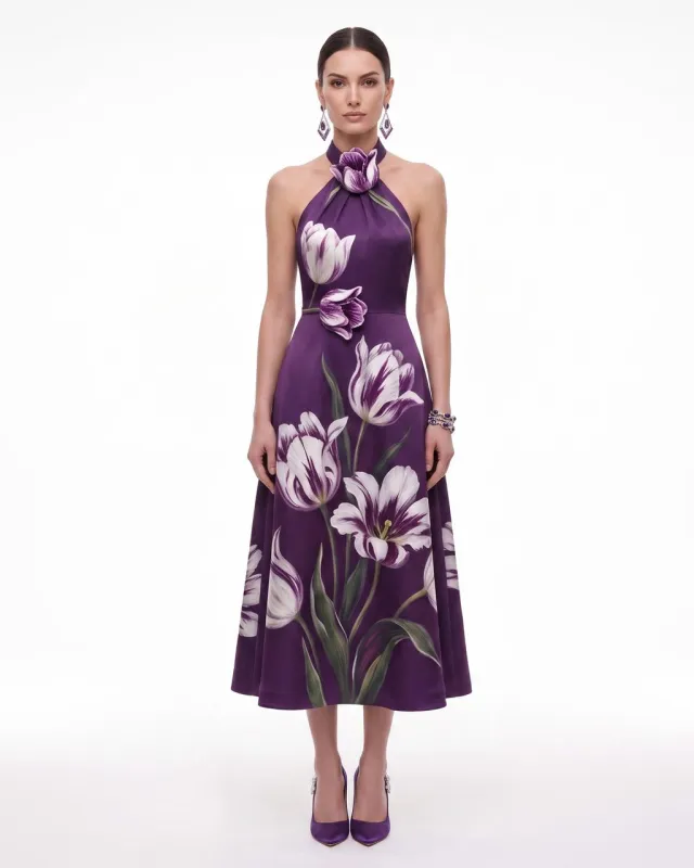 Tulip Floral Halter A-Line Midi Dress - Purple made by JW PEI