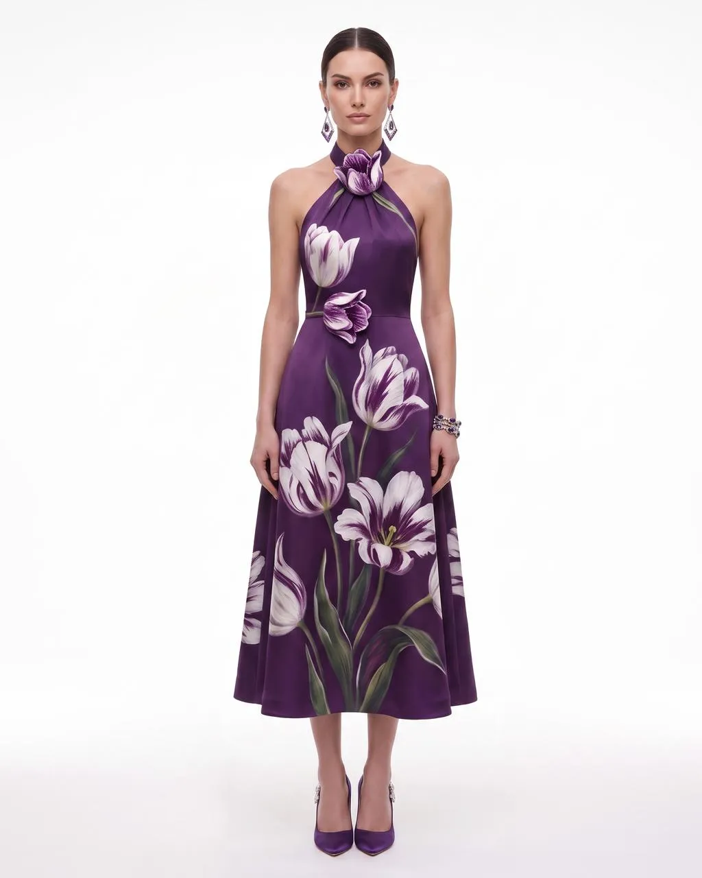 Tulip Floral Halter A-Line Midi Dress - Purple sold by JW PEI
