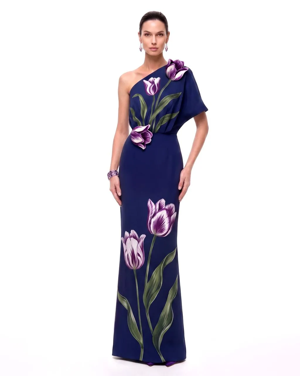 Tulip Floral One-Shoulder Column Maxi Dress - Navy sold by JW PEI