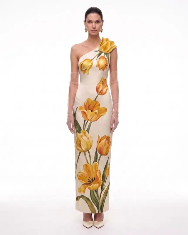 Tulip Floral One-Shoulder Column Maxi Dress - Ivory made by JW PEI
