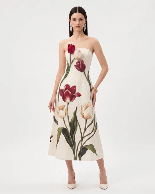Tulip Floral Strapless A-Line Midi Dress - Ivory made by JW PEI