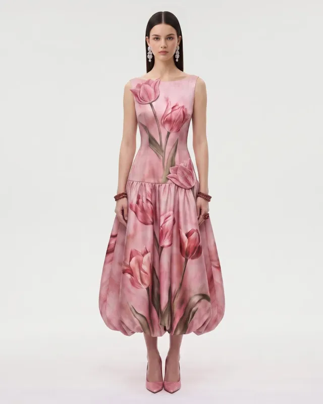 Tulip Floral Drop-Waist Bubble Midi Dress - Blush Pink made by JW PEI
