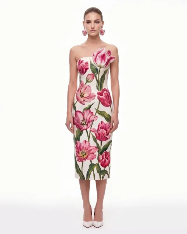 Tulip Floral Strapless Column Midi Dress - Ivory made by JW PEI