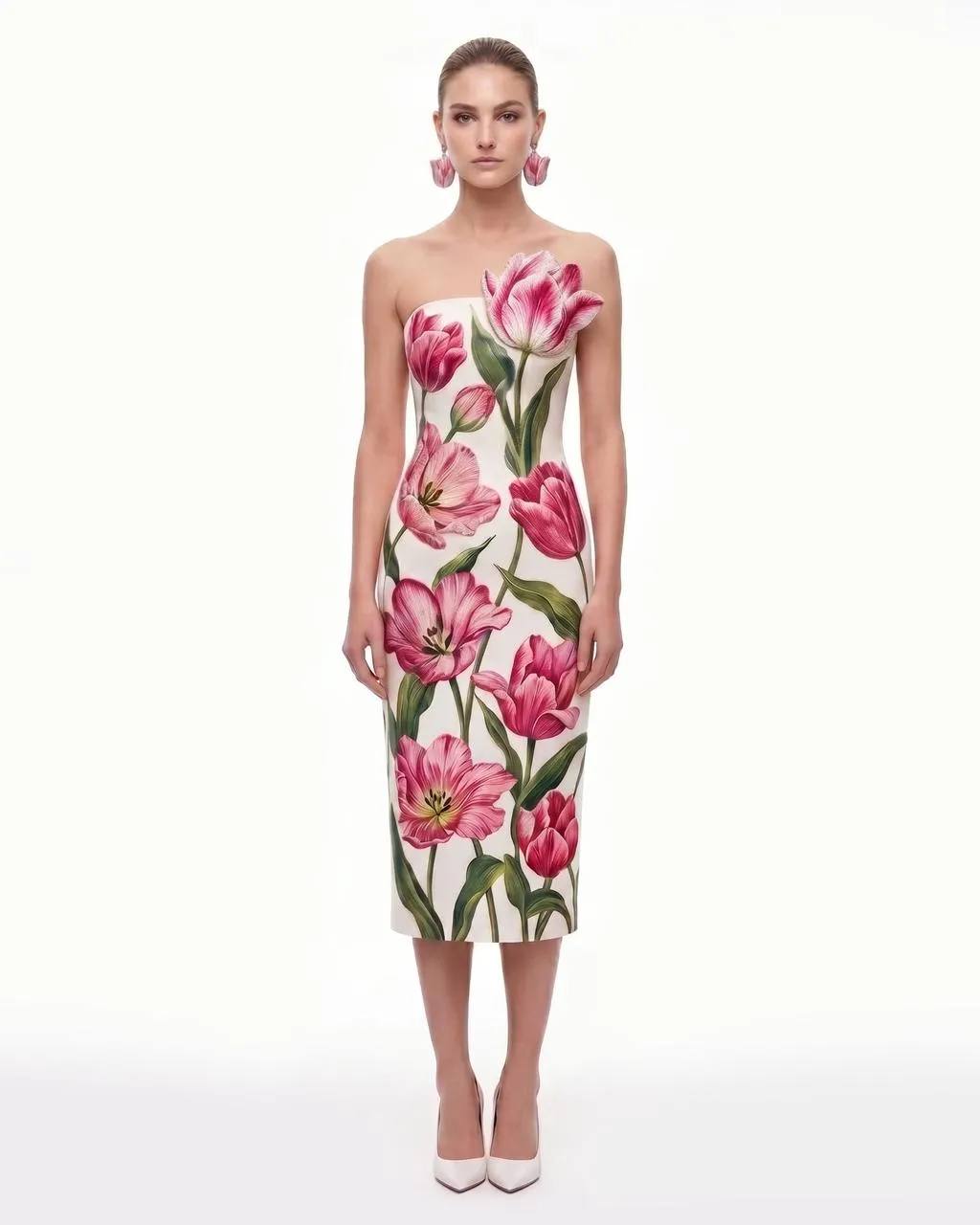 Tulip Floral Strapless Column Midi Dress - Ivory sold by JW PEI