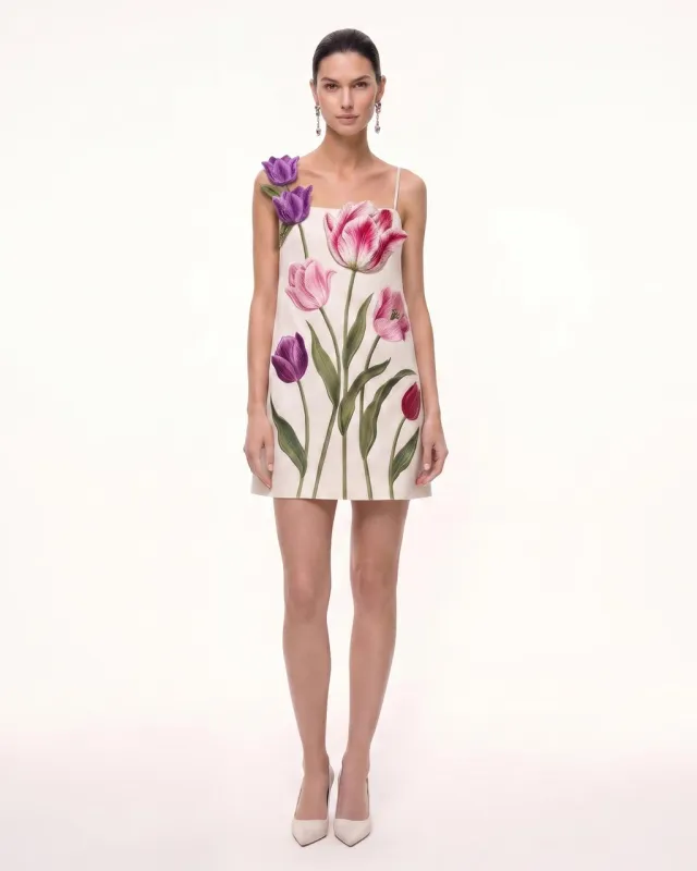 Tulip Floral Spaghetti Strap Mini Dress - Ivory made by JW PEI