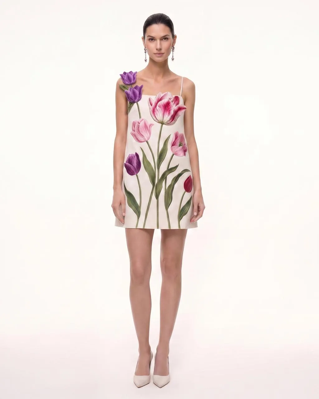 Tulip Floral Spaghetti Strap Mini Dress - Ivory sold by JW PEI