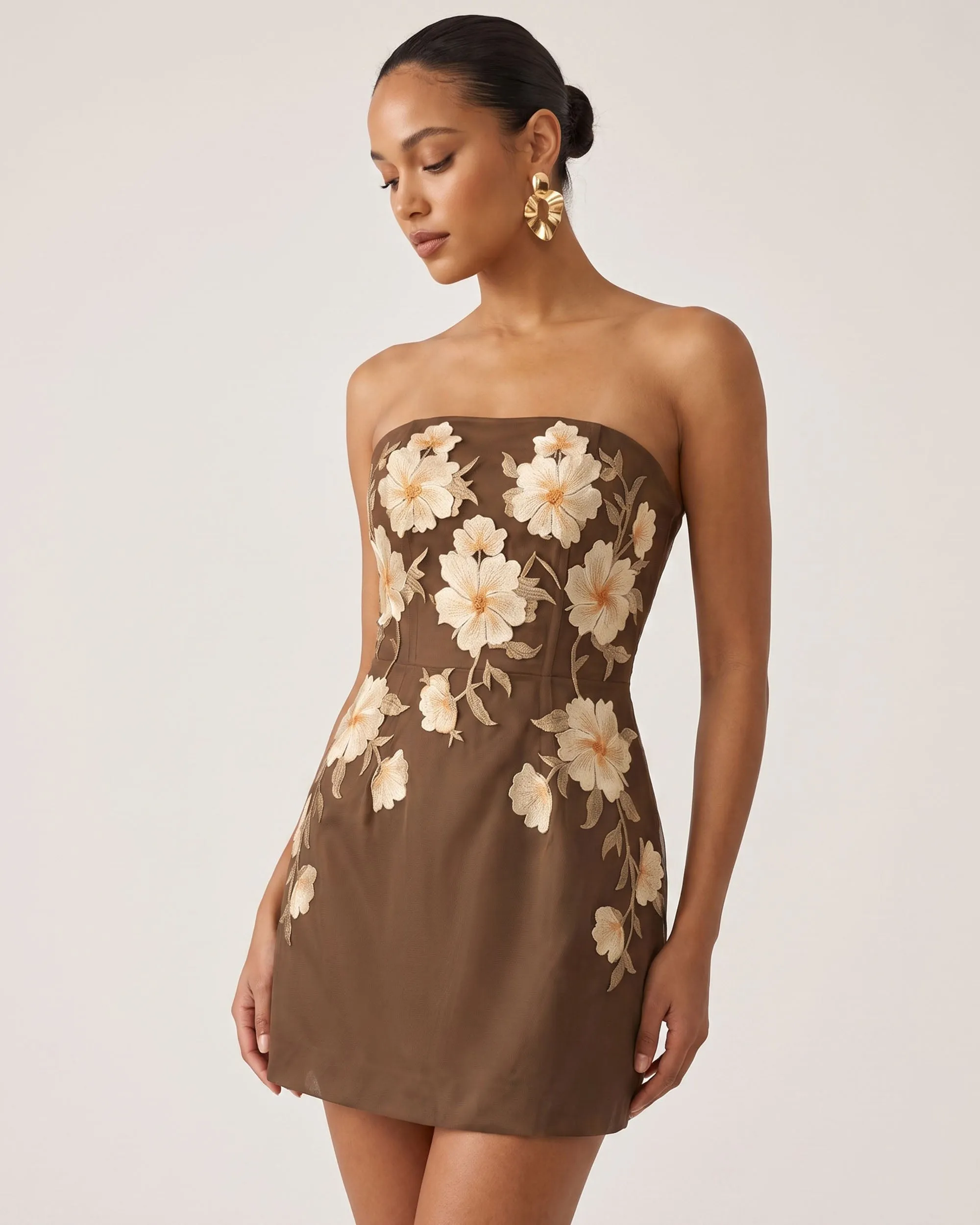 Floral Embroidered Strapless Corset Mini Dress - Brown sold by JW PEI product image thumbnail 2