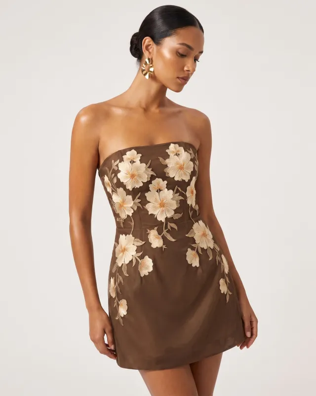Floral Embroidered Strapless Corset Mini Dress - Brown made by JW PEI