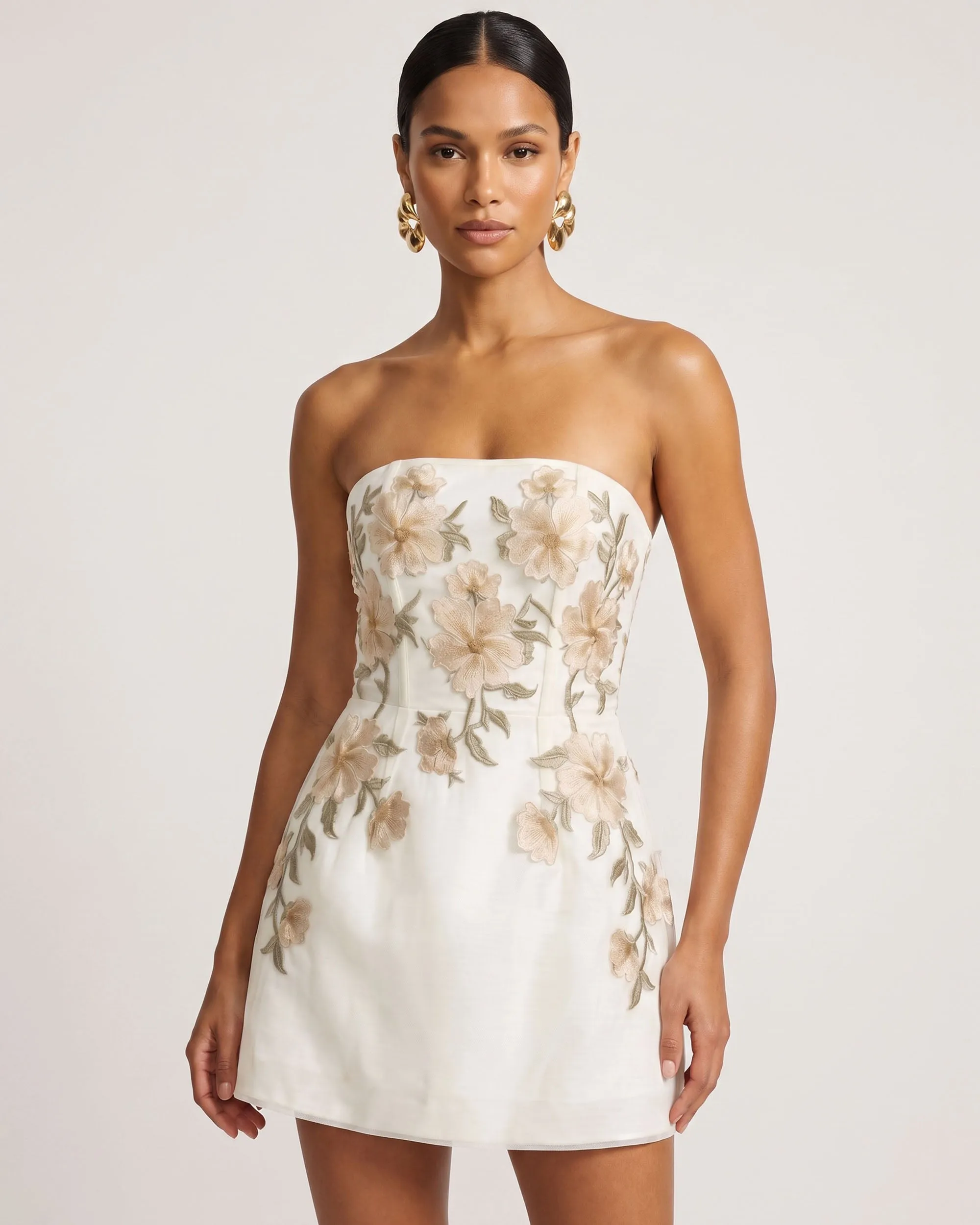 Floral Embroidered Strapless Corset Mini Dress - White sold by JW PEI