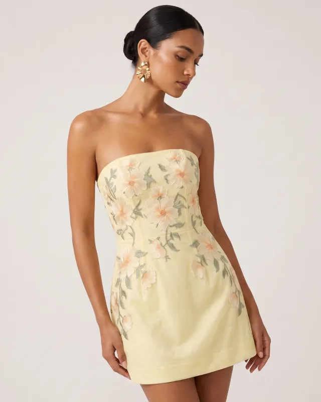 Floral Embroidered Strapless Corset Mini Dress - Light Yellow made by JW PEI