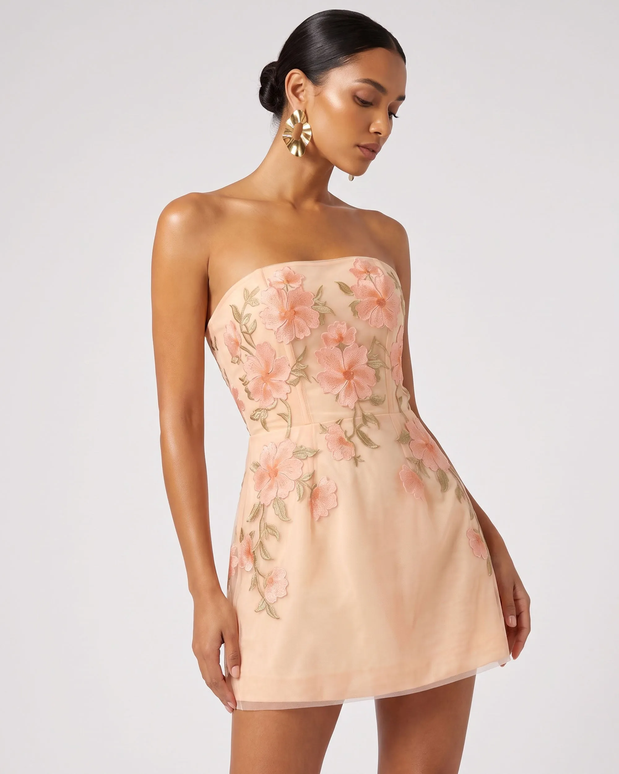 Floral Embroidered Strapless Corset Mini Dress - Pink-orange sold by JW PEI