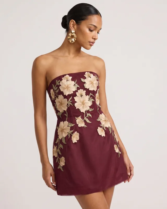 Floral Embroidered Strapless Corset Mini Dress - Burgundy made by JW PEI