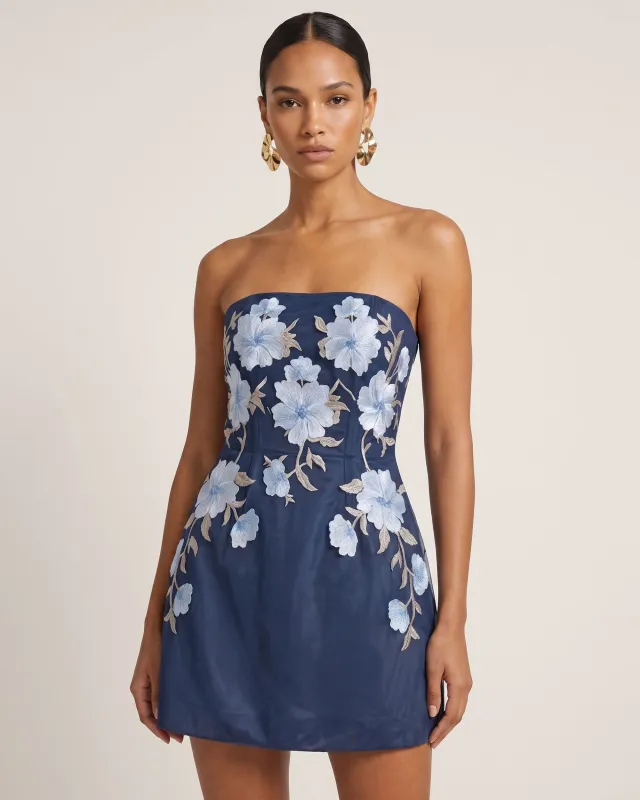 Floral Embroidered Strapless Corset Mini Dress - Dark Blue made by JW PEI