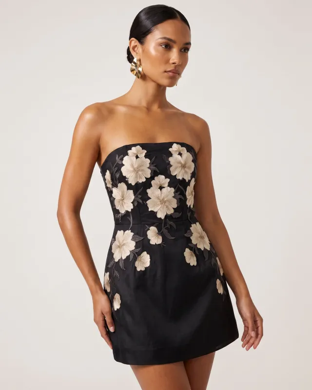 Floral Embroidered Strapless Corset Mini Dress - Black made by JW PEI