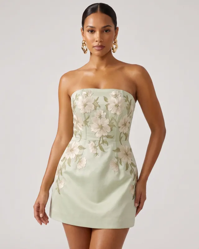 Floral Embroidered Strapless Corset Mini Dress - Light Yellowish Green made by JW PEI