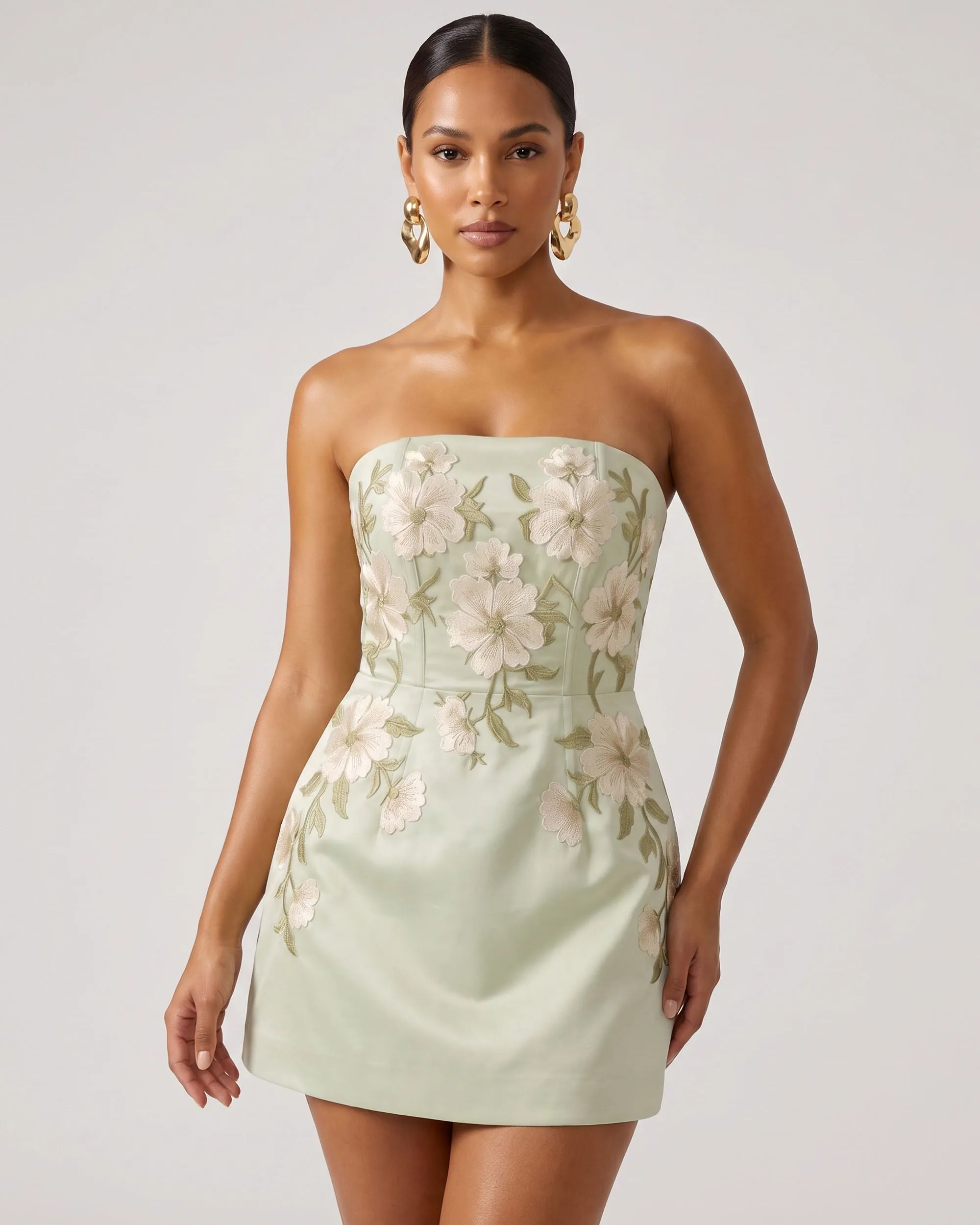 Floral Embroidered Strapless Corset Mini Dress - Light Yellowish Green sold by JW PEI