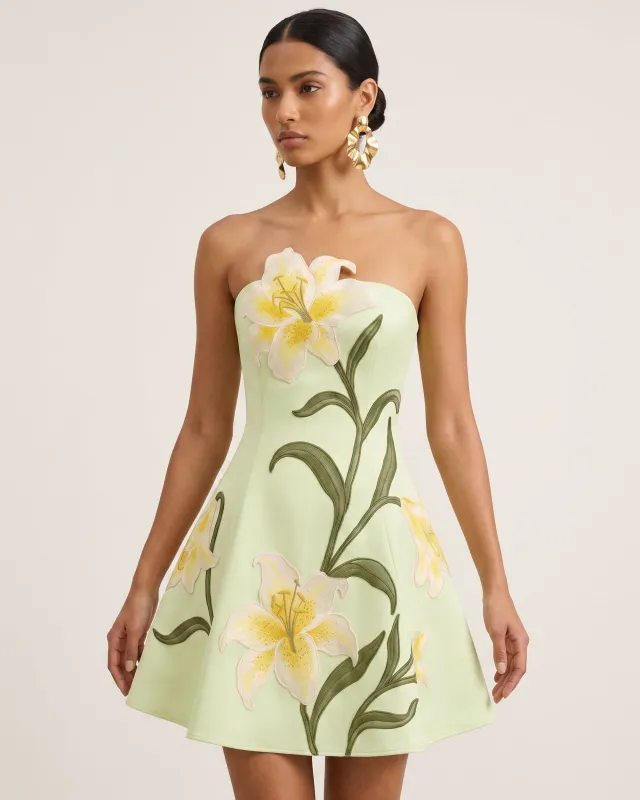 Lily Floral Print Strapless A-Line Mini Dress - Light Green made by JW PEI