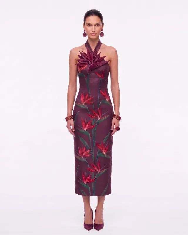Bird of Paradise Appliqué Halter Column Midi Dress - Burgundy made by JW PEI