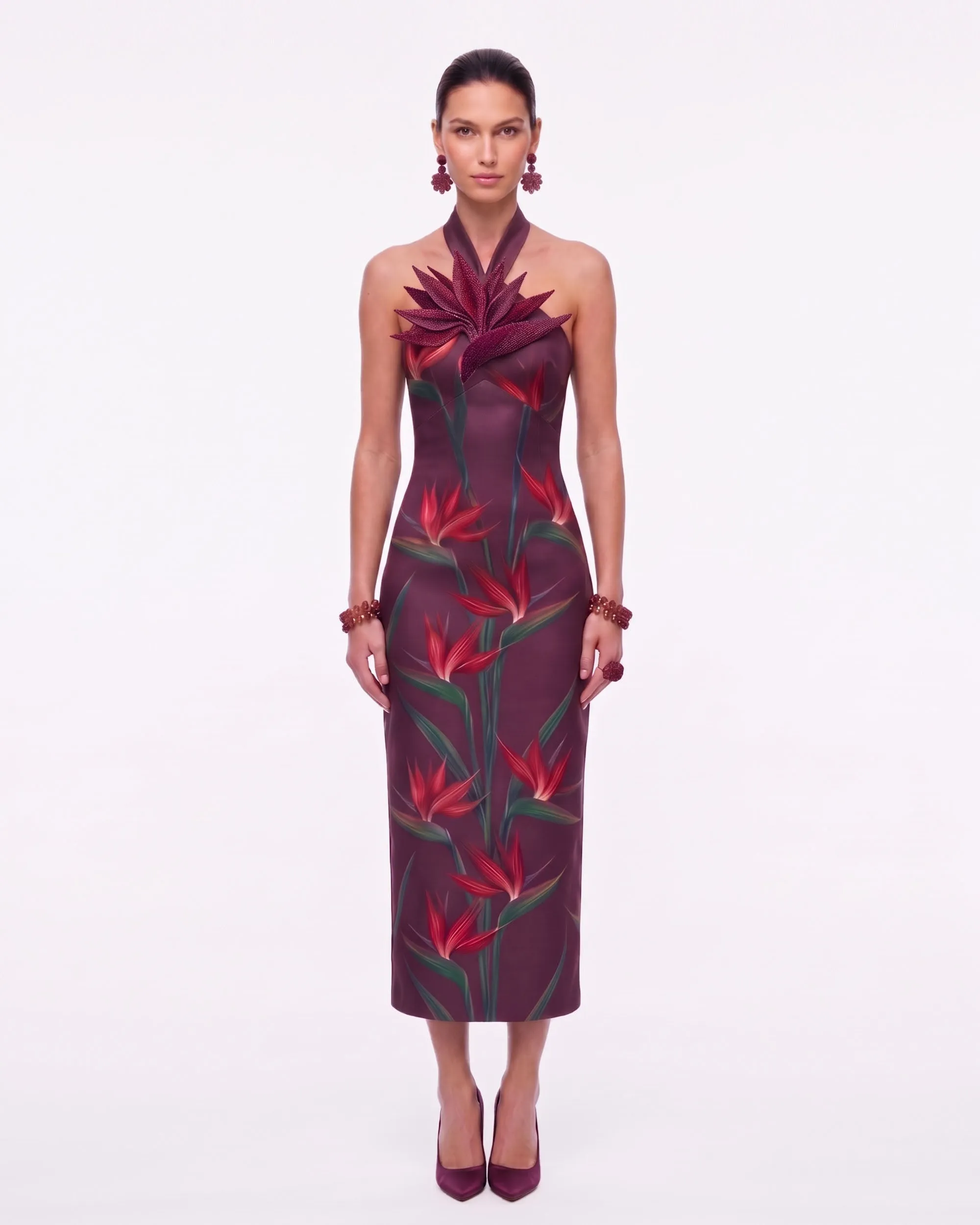 Bird of Paradise Appliqué Halter Column Midi Dress - Burgundy sold by JW PEI