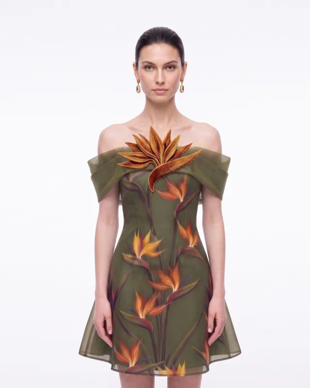 Bird of Paradise Appliqué Off-Shoulder Mini Dress - Olive made by JW PEI