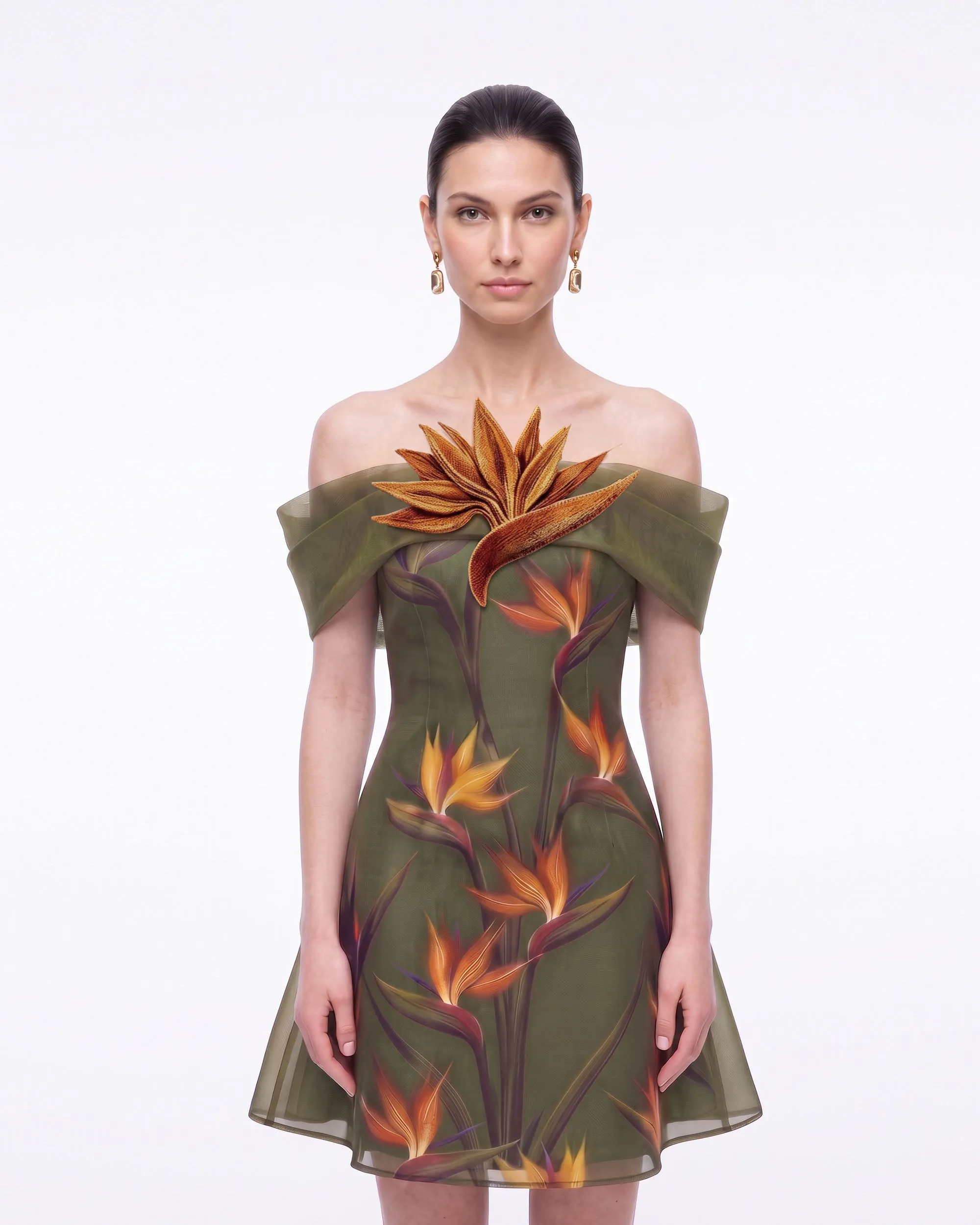 Bird of Paradise Appliqué Off-Shoulder Mini Dress - Olive sold by JW PEI