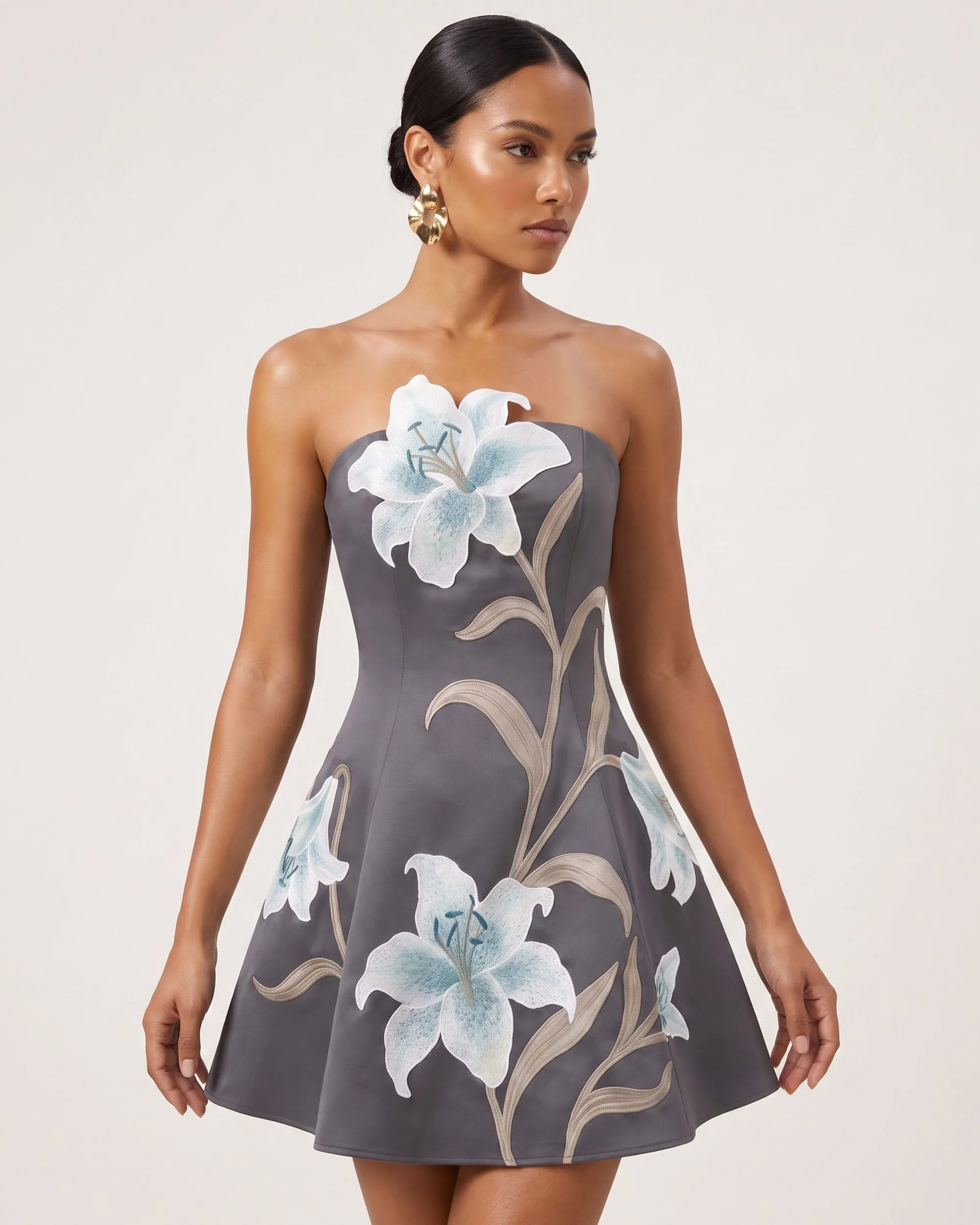 Lily Floral Print Strapless A-Line Mini Dress - Grey sold by JW PEI