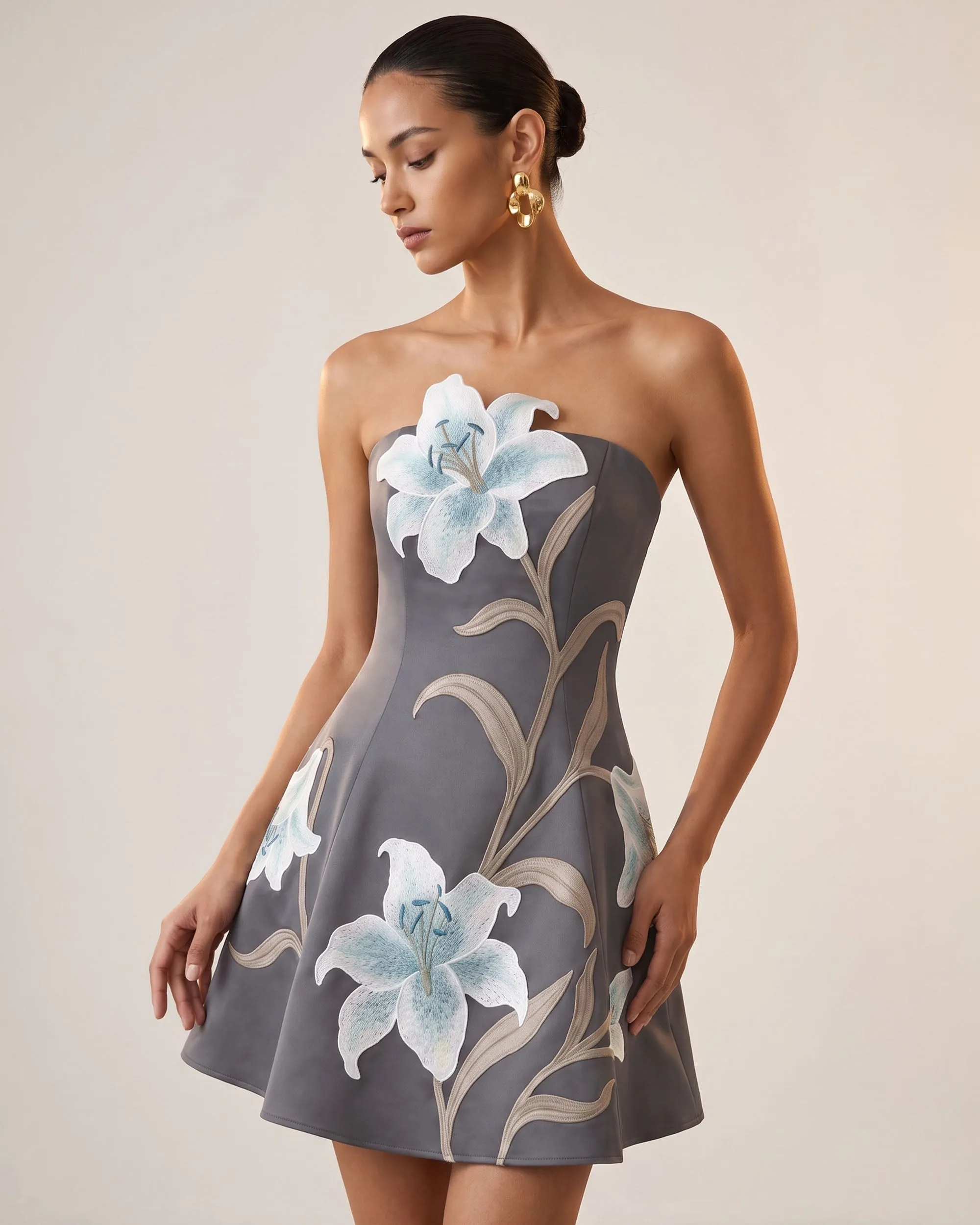 Lily Floral Print Strapless A-Line Mini Dress - Grey sold by JW PEI product image thumbnail 2