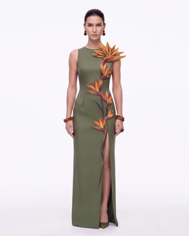 Bird of Paradise Appliqué Slit Maxi Dress - Olive Green made by JW PEI