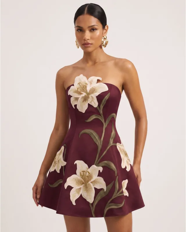 Lily Floral Print Strapless A-Line Mini Dress - Burgundy made by JW PEI