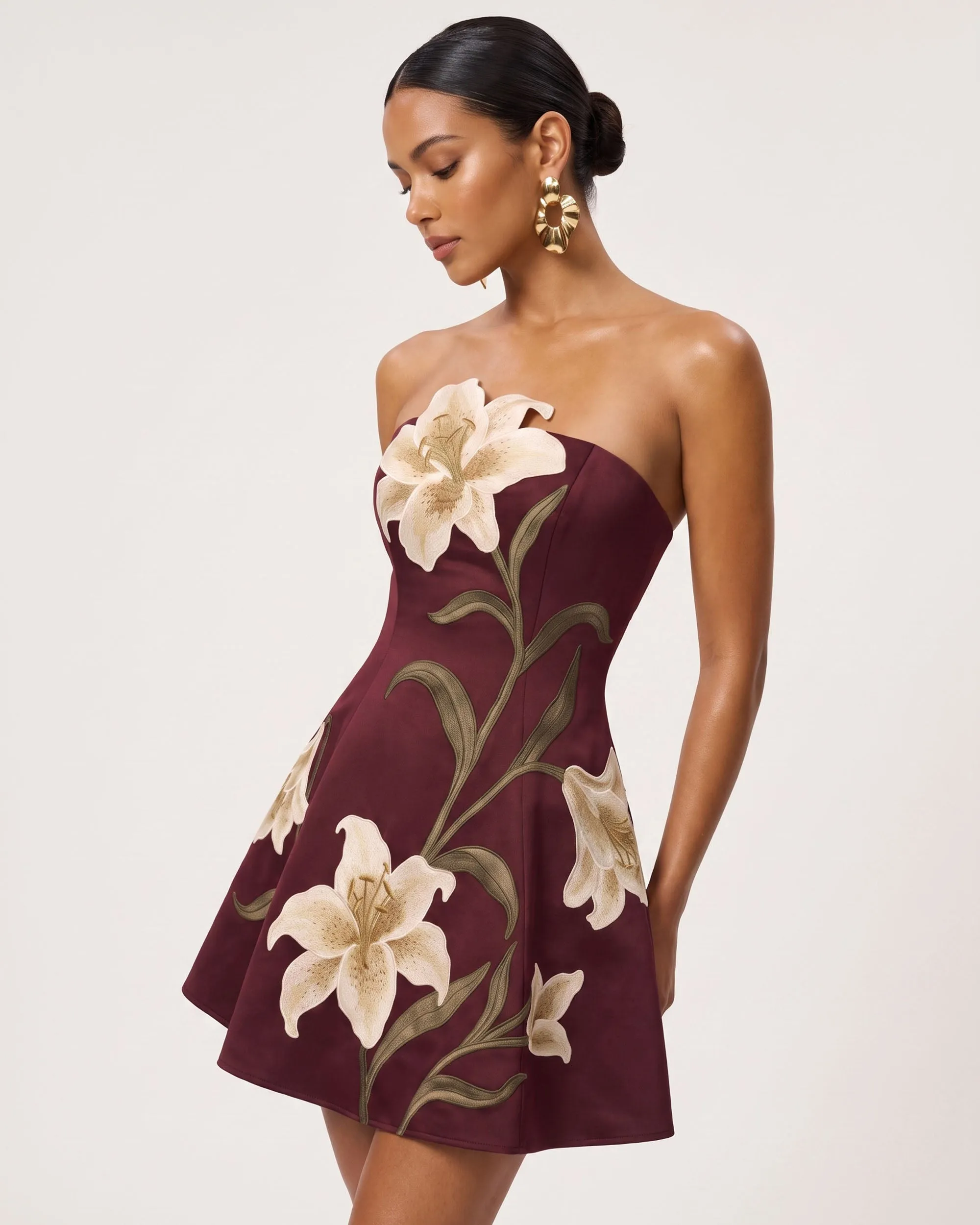 Lily Floral Print Strapless A-Line Mini Dress - Burgundy sold by JW PEI product image thumbnail 2