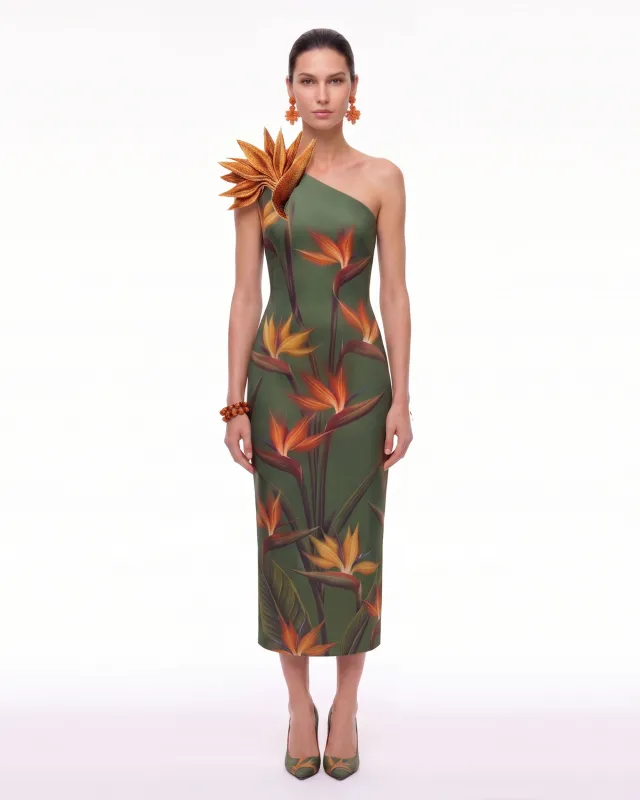 Bird of Paradise Appliqué One-Shoulder Midi Dress - Olive made by JW PEI
