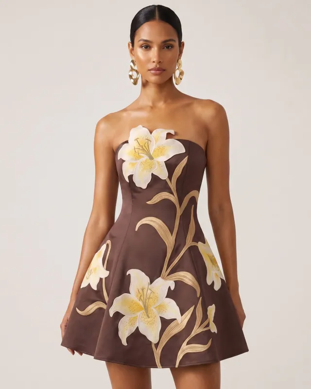 Lily Floral Print Strapless A-Line Mini Dress - Brown made by JW PEI