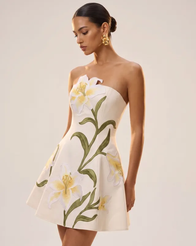 Lily Floral Print Strapless A-Line Mini Dress - White made by JW PEI