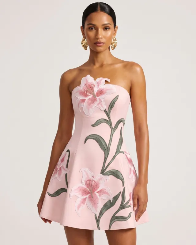 Lily Floral Print Strapless A-Line Mini Dress - Light Pink made by JW PEI