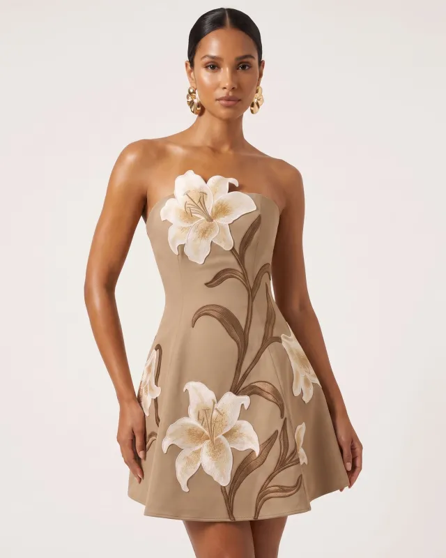 Lily Floral Print Strapless A-Line Mini Dress - Mocha Brown made by JW PEI