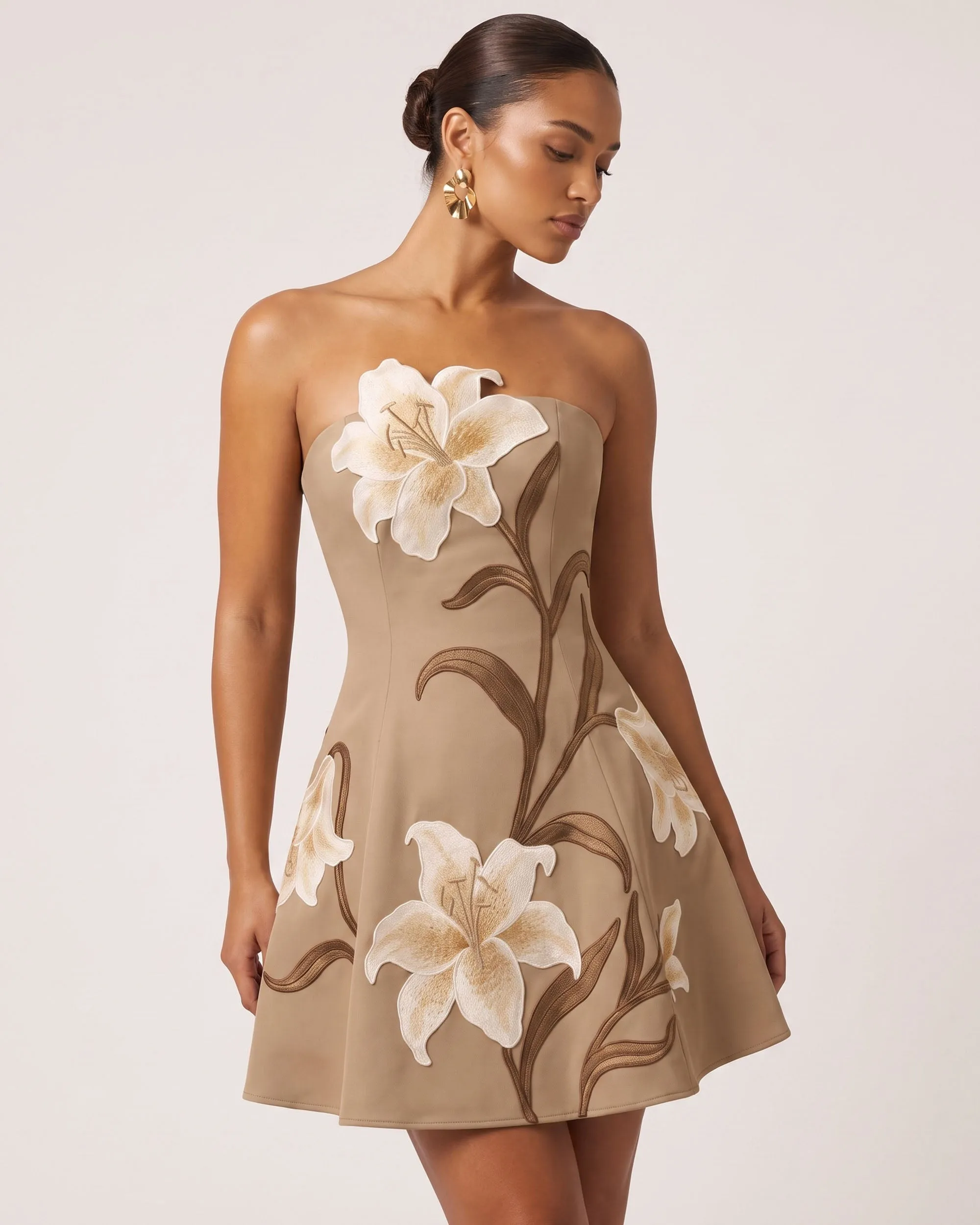 Lily Floral Print Strapless A-Line Mini Dress - Mocha Brown sold by JW PEI product image thumbnail 2
