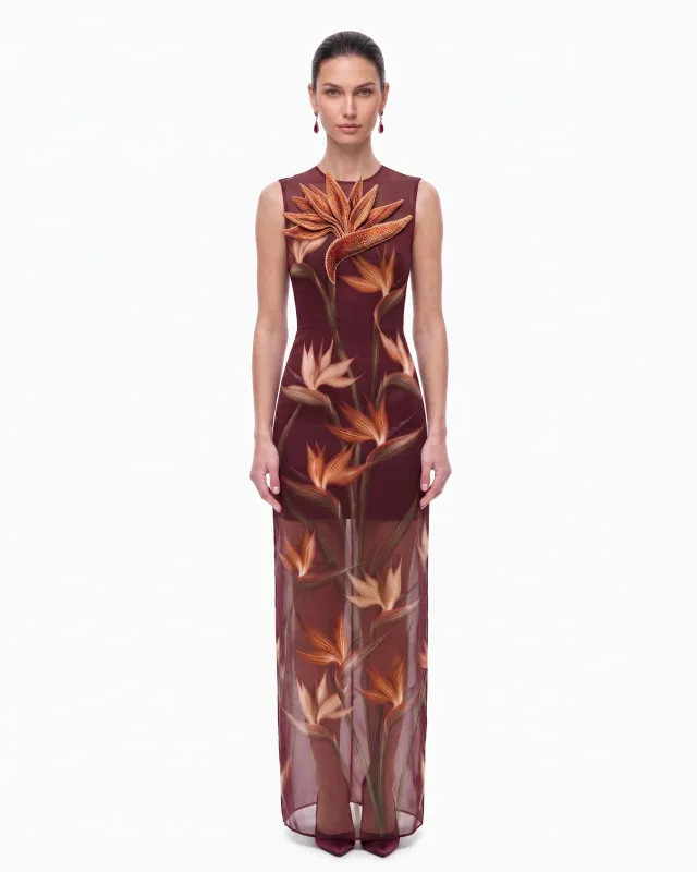 Bird of Paradise Appliqué Sheer Column Maxi Dress - Burgundy made by JW PEI