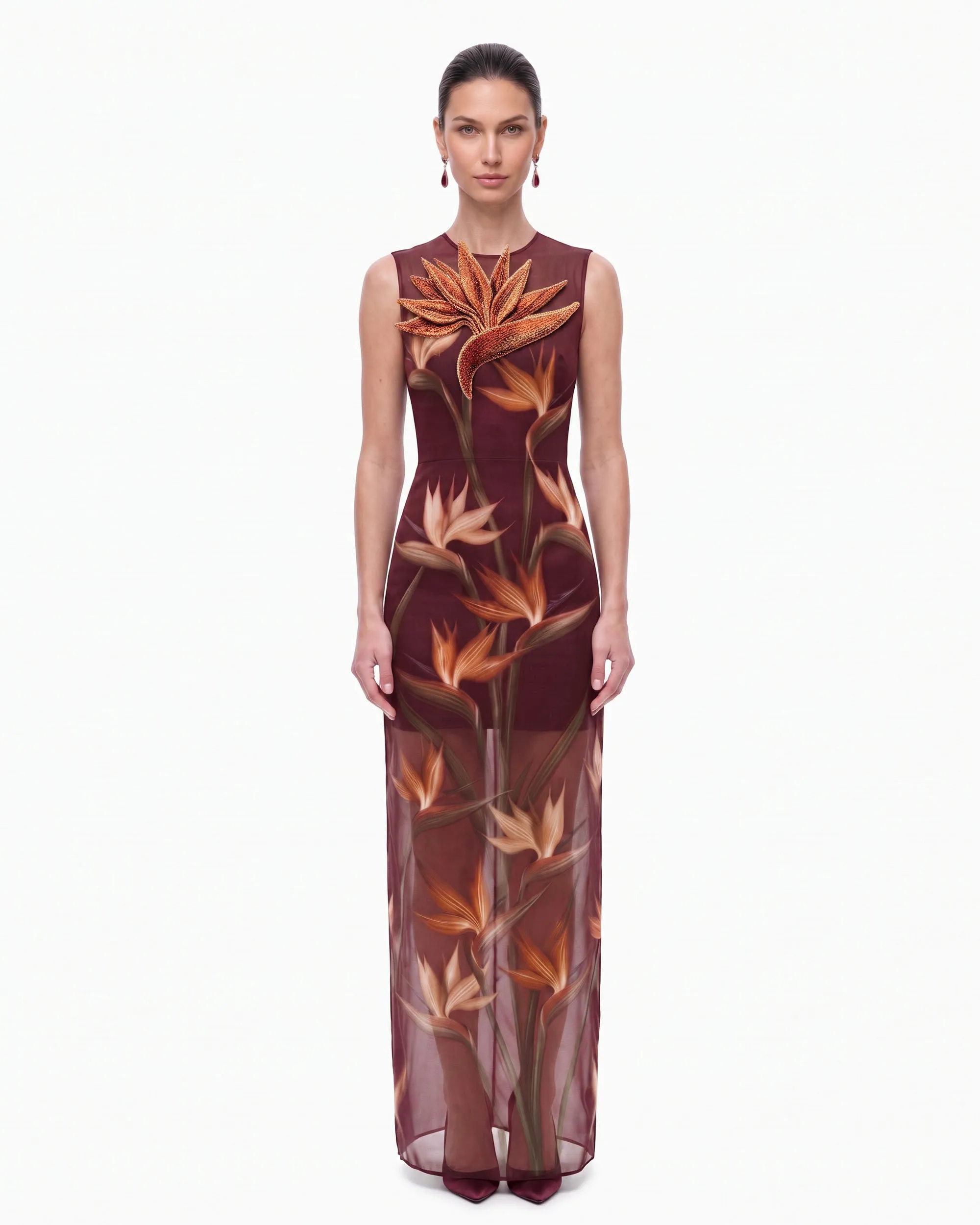 Bird of Paradise Appliqué Sheer Column Maxi Dress - Burgundy sold by JW PEI