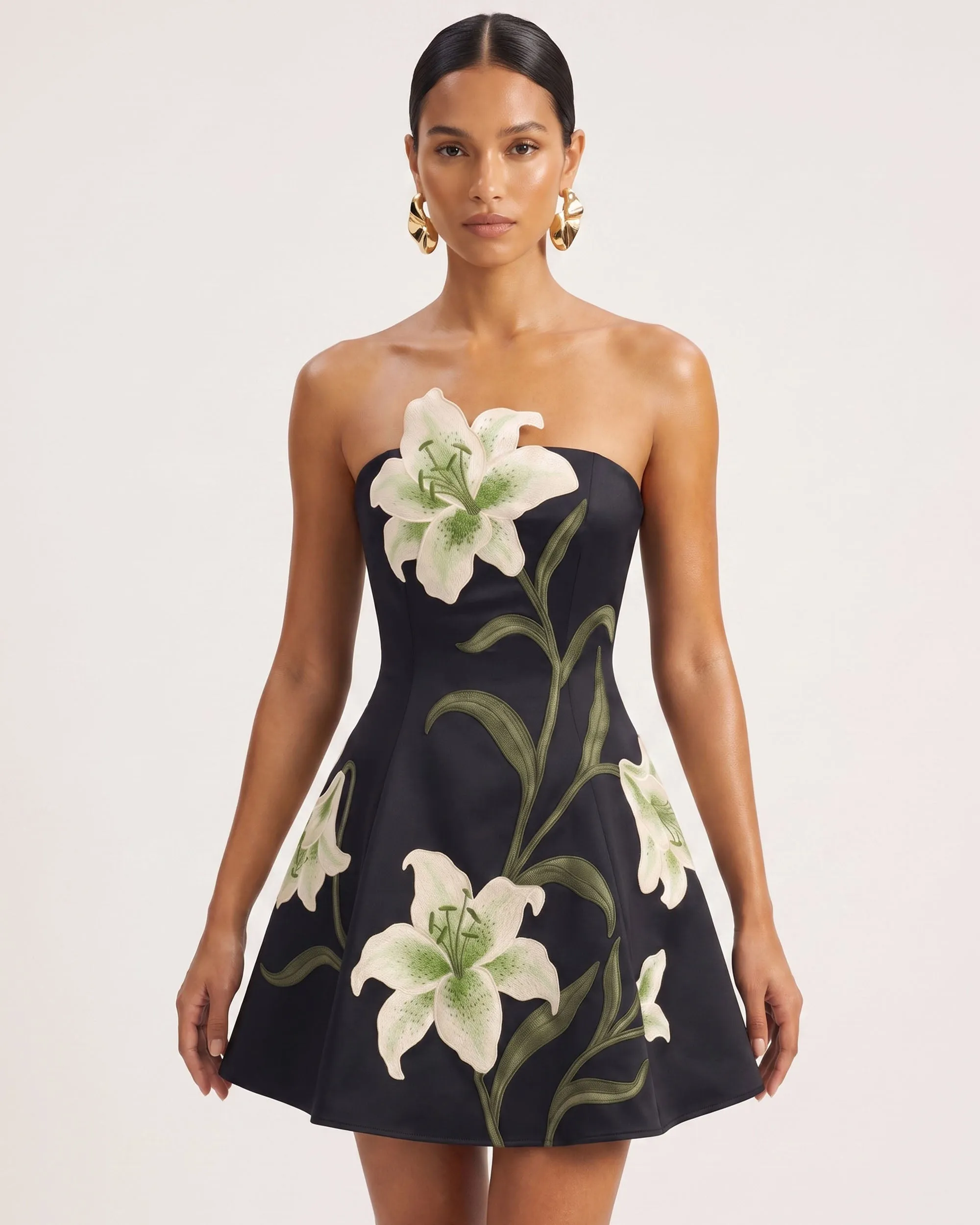 Lily Floral Print Strapless A-Line Mini Dress - Black sold by JW PEI