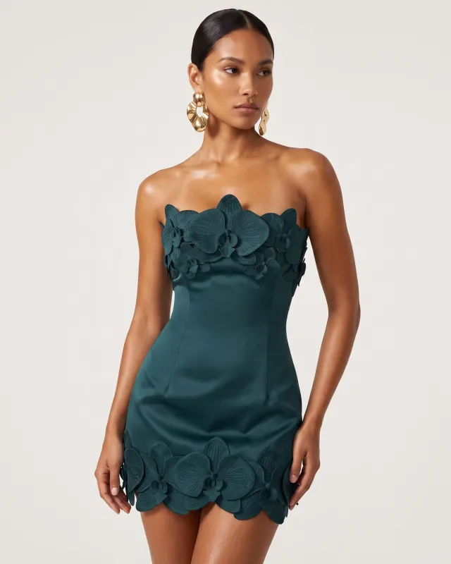 Orchid Trim Strapless Mini Dress - Dark Green made by JW PEI