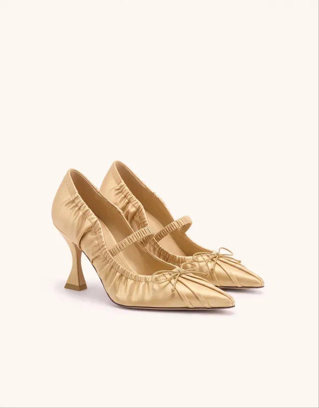 Solenne Satin Bow Ruched Mary Jane Pumps - Champagne made by JW PEI