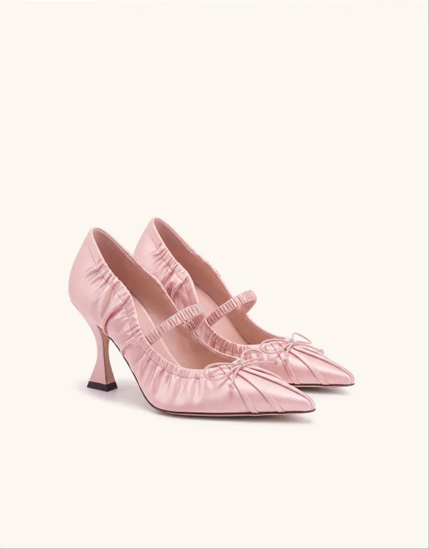 Solenne Satin Bow Ruched Mary Jane Pumps - Blush Pink made by JW PEI