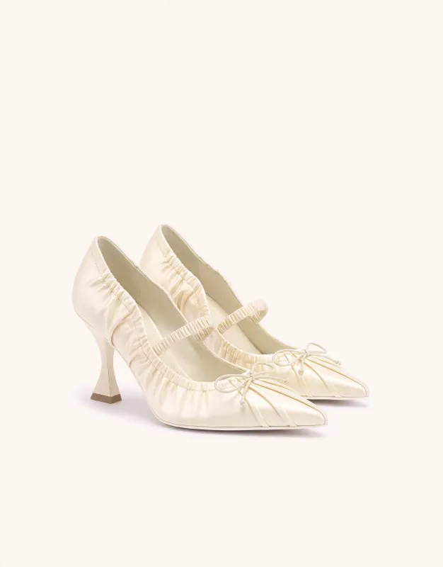 Solenne Satin Bow Ruched Mary Jane Pumps - Ivory made by JW PEI