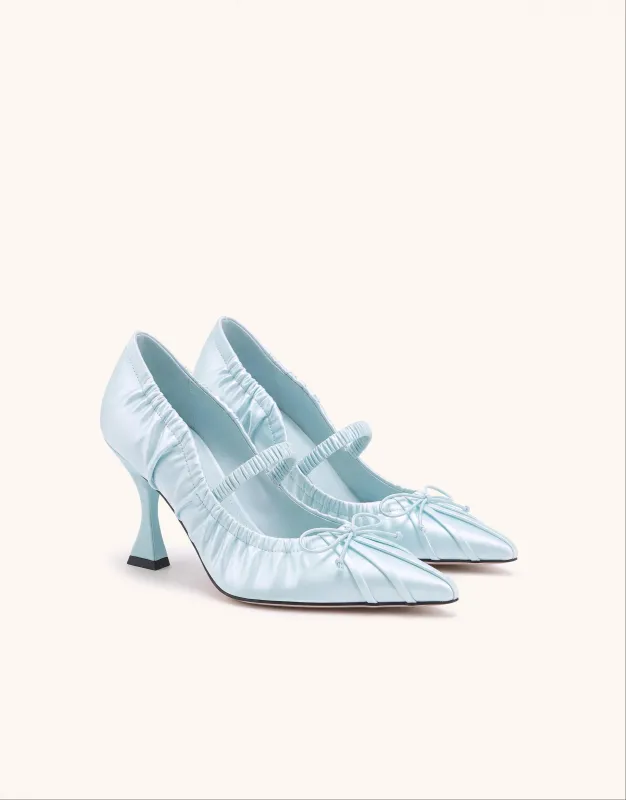 Solenne Satin Bow Ruched Mary Jane Pumps - Light Blue made by JW PEI