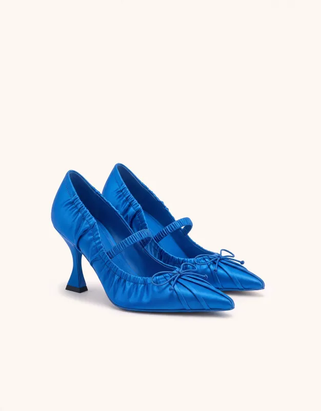 Solenne Satin Bow Ruched Mary Jane Pumps - Cobalt Blue made by JW PEI