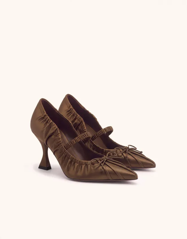 Solenne Satin Bow Ruched Mary Jane Pumps - Chocolate Brown made by JW PEI