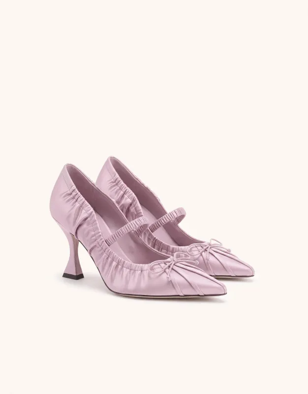 Solenne Satin Bow Ruched Mary Jane Pumps - Lavender made by JW PEI
