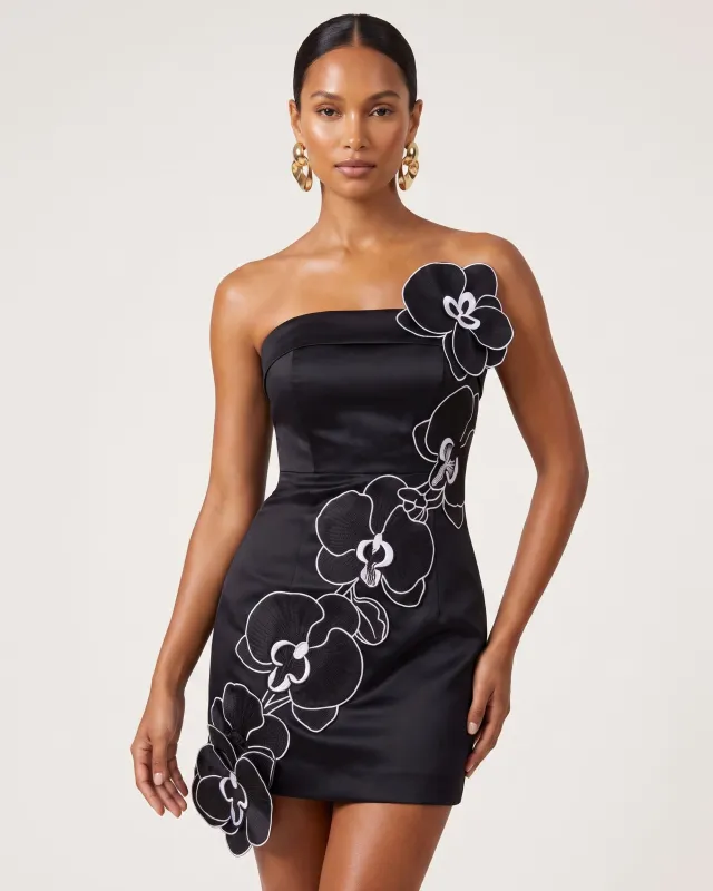 Orchid Embroidered Floral Appliqué Strapless Mini Dress - Black made by JW PEI