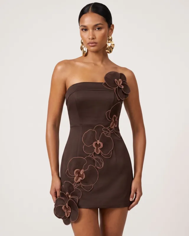 Orchid Embroidered Floral Appliqué Strapless Mini Dress - Brown made by JW PEI