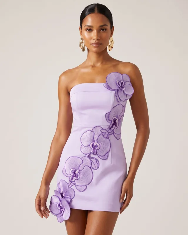 Orchid Embroidered Floral Appliqué Strapless Mini Dress - Light Purple made by JW PEI